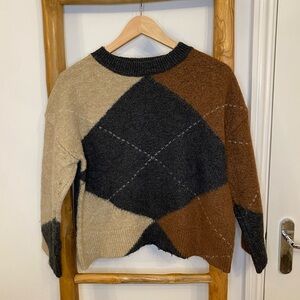 Primark Brown Argyle Crewneck Sweater Size Small Retro Preppy Casual